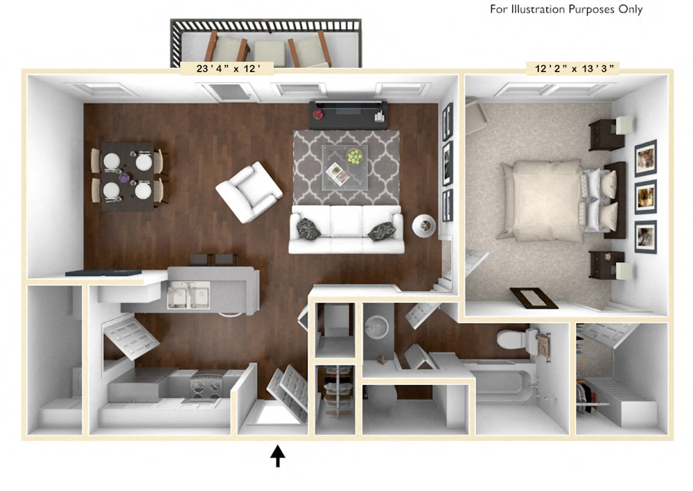 Floor plan for 1 bed, 1 bath, 720 sqft